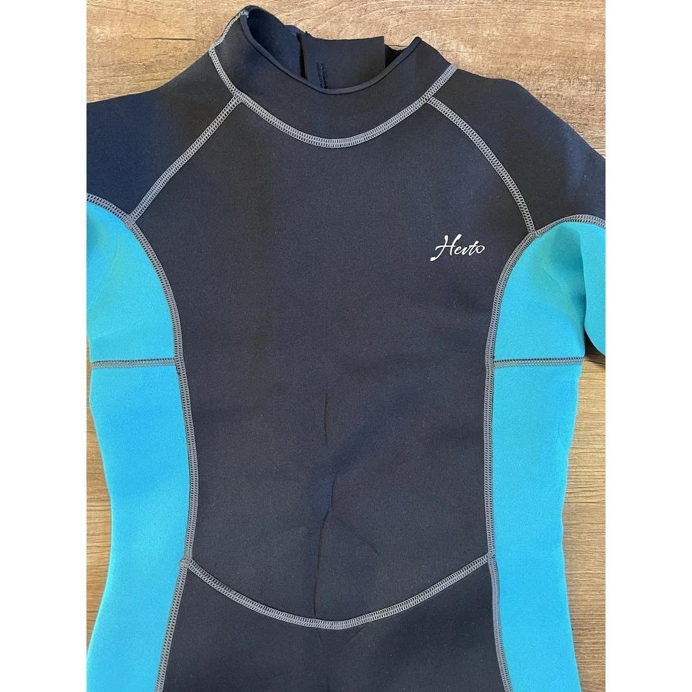 Hevto Neoprene Wetsuit Black Teal Long Sleeve Full Suit Back Zip Youth‎ Size 13